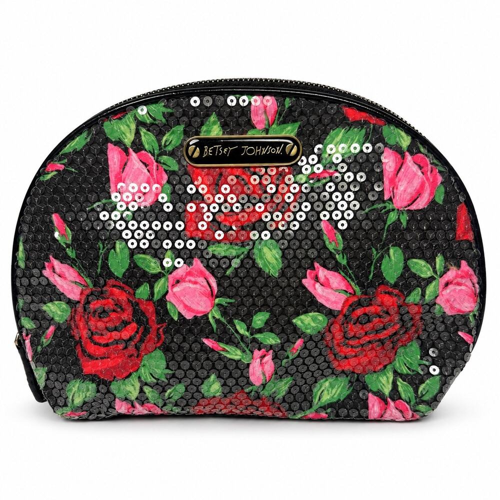 Betsey Johnson Floral Sequin Cosmetic Makeup Bag Black Pink Rose Womens